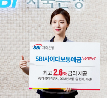 SBI저축은행 홍보 모델이 자사 대표 자유입출식 상품 'SBI사이다보통예금' 금리를 0.7%포인트 올렸다고 알리고 있다. SBI저축은행 제공
